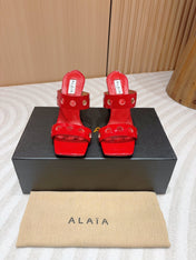 ALAIA TWO-STRAPS HIGH HEEL SANDALS IN CHERRY RED PATENT LAMBSKIN