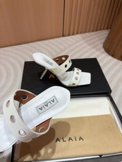 ALAIA TWO-STRAPS HIGH HEEL SANDALS IN WHITE PATENT LAMBSKIN