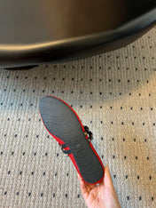 ALAIA MARY JANE SHOES IN CHERRY RED ZP CUSTOM STRAW AND DENIM