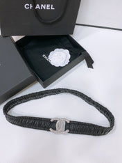 CC ELASTIC BELT 30MM IN BLACK CALFSKIN SILVER HARDWARE WITH RHINSTONES
