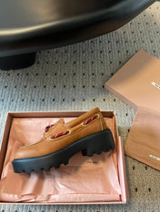 MIUMIU 26S CHUNKY SOLE LOAFERS IN TAN BROWN CALFSKIN