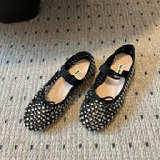 MIUMIU 26S BALLERINA FLATS IN BLACK MESH CALFSKIN WITH RHINESTONES