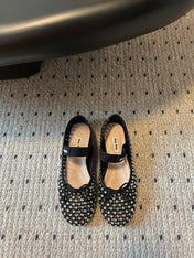 MIUMIU 26S BALLERINA FLATS IN BLACK MESH CALFSKIN WITH RHINESTONES