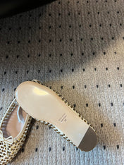 MIUMIU 26S BALLERINA FLATS IN LIGHT BEIGE MESH CALFSKIN WITH RHINESTONES