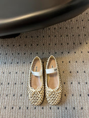 MIUMIU 26S BALLERINA FLATS IN LIGHT BEIGE MESH CALFSKIN WITH RHINESTONES