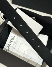 DOUBLE C BELT 30MM IN BLACK CALFSKIN EMBOSSED LOGO GOLD BUCKLE