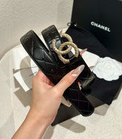 DOUBLE C BELT 30MM IN BLACK CALFSKIN EMBOSSED LOGO GOLD BUCKLE
