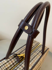 BEAU TOP HANDLE BAG 34 IN BEIGE TARTAN AND COCOA BROWN LEATHER TRIM