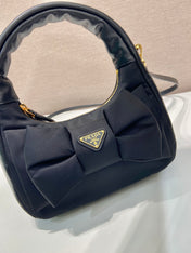 BOW HOBO BAG 22 IN BLACK RE-NYLON AND LAMBSKIN