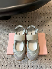 MIUMIU 26S BALLERINAS SHOES IN SAGE GREEN TYRE TECHNICAL FABRIC GREY SUEDE