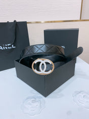 DOUBLE C BELT 38MM IN BLACK QUILTED LAMBSKIN GOLD OVAL BUCKLE CENTERED WHITE LOGO