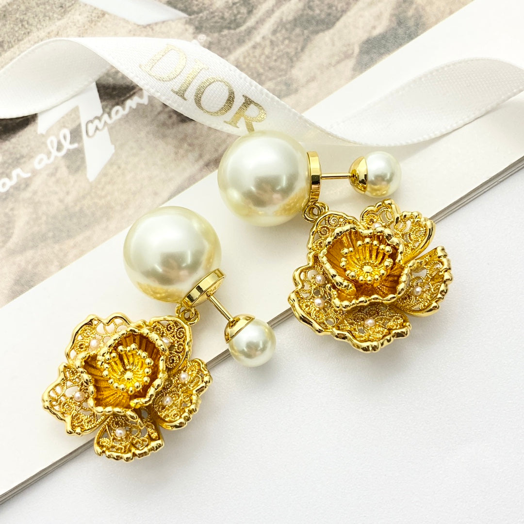 CD 26S PEARL FLORAL FILIGREE DOUBLE DROP EARRINGS IN GOLD METAL 631767