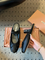 MIUMIU 26S BALLET MULES IN BLACK SATIN WITH BOW