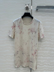 DIOR INK FLOWER PRINTED COTTON-LINEN T-SHIRT