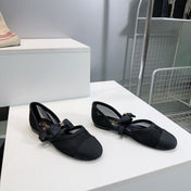 CHANEL FLAT MARY JANE SHOES 25S IN BLACK MESH FABRIC EMBOSSED LOGO WITH BOW
