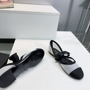 CHANEL FLAT MARY JANE SHOES 25S IN WHITE MIX BLACK MESH FABRIC EMBOSSED LOGO WITH BOW