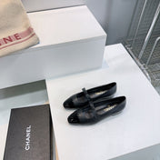 CHANEL FLAT MARY JANE SHOES 25S IN BLACK GLOSSY LAMBSKIN WITH BOW