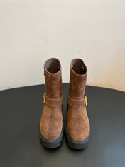 PRADA 25S PLATFORM ANKLE BOOTS IN BROWN SUEDE WITH GOLD HARDWARE