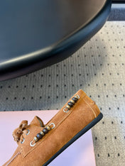 MIUMIU 26S TASSEL LOAFERS IN CARAMEL BROWN SUEDE