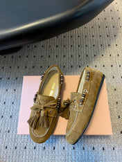 MIUMIU 26S TASSEL LOAFERS IN OLIVE BROWN SUEDE