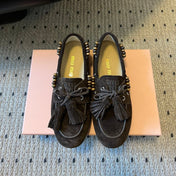 MIUMIU 26S TASSEL LOAFERS IN DARK BROWN SUEDE