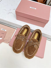 MIUMIU 26S BOAT LOAFERS IN BROWN SHEARLING
