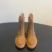 CELINE 26S LACE-UP ANKLE BOOTS IN BROWN SUEDE AND CANVAS