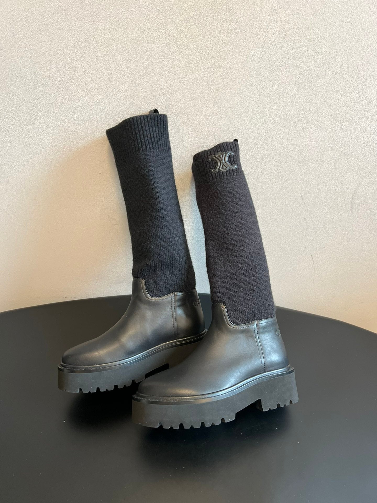 CELINE 26S HIGH-TOP BOOTS 60 MM IN BLACK CALFSKIN AND WOOL