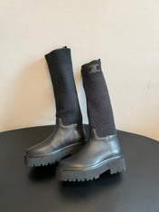 CELINE 26S HIGH-TOP BOOTS 60 MM IN BLACK CALFSKIN AND WOOL