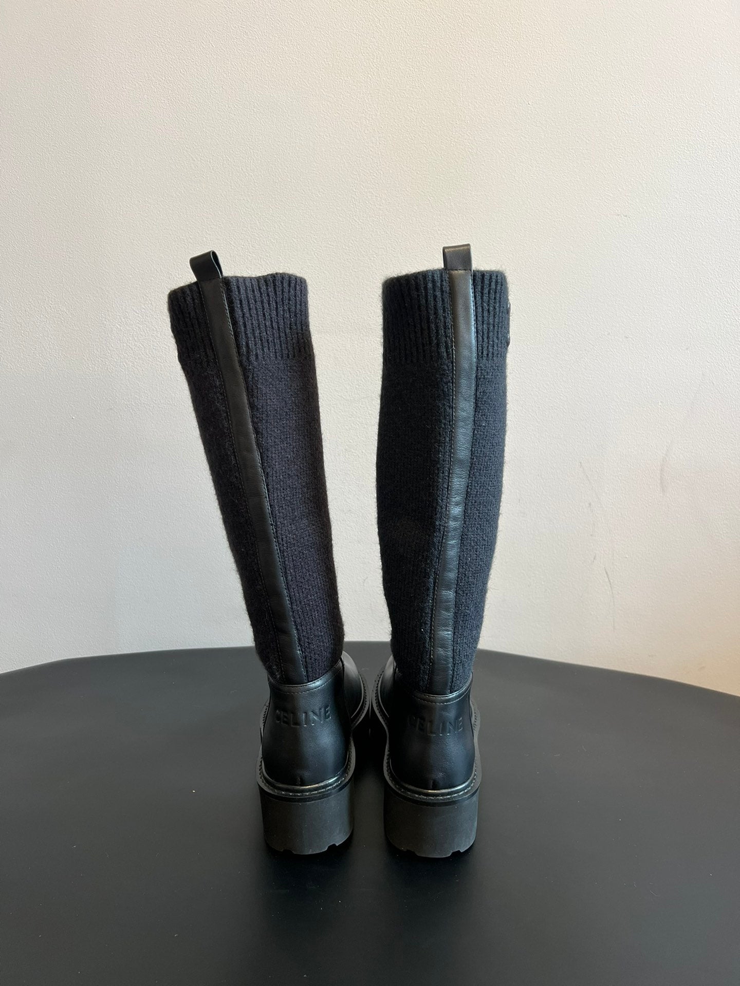 CELINE 26S HIGH-TOP BOOTS 60 MM IN BLACK CALFSKIN AND WOOL