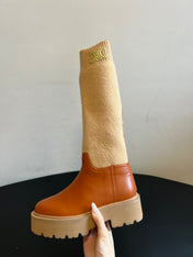 CELINE 26S HIGH-TOP BOOTS 60 MM IN ORANGE BROWN CALFSKIN AND BEIGE WOOL