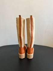 CELINE 26S HIGH-TOP BOOTS 60 MM IN ORANGE BROWN CALFSKIN AND BEIGE WOOL