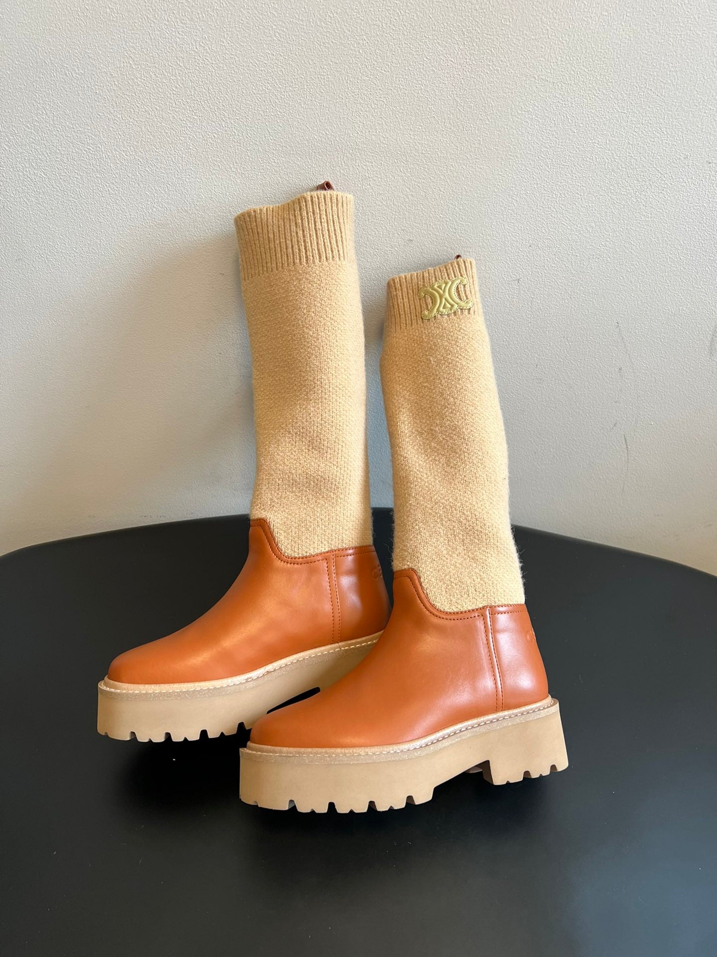 CELINE 26S HIGH-TOP BOOTS 60 MM IN ORANGE BROWN CALFSKIN AND BEIGE WOOL