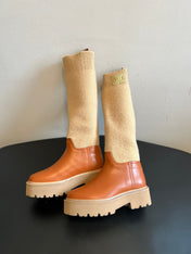 CELINE 26S HIGH-TOP BOOTS 60 MM IN ORANGE BROWN CALFSKIN AND BEIGE WOOL