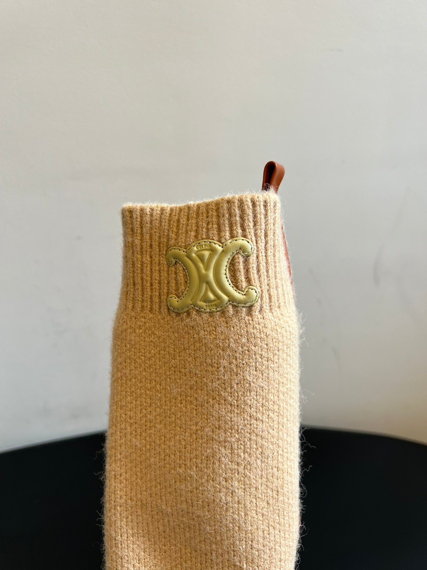 CELINE 26S HIGH-TOP BOOTS 60 MM IN ORANGE BROWN CALFSKIN AND BEIGE WOOL