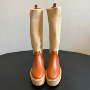 CELINE 26S HIGH-TOP BOOTS 60 MM IN ORANGE BROWN CALFSKIN AND BEIGE WOOL