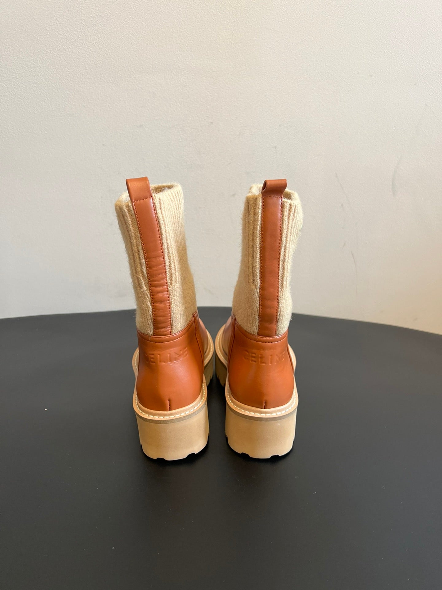 CELINE 26S ANKLE BOOTS 60 MM IN ORANGE BROWN CALFSKIN AND BEIGE WOOL