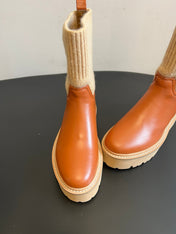 CELINE 26S ANKLE BOOTS 60 MM IN ORANGE BROWN CALFSKIN AND BEIGE WOOL