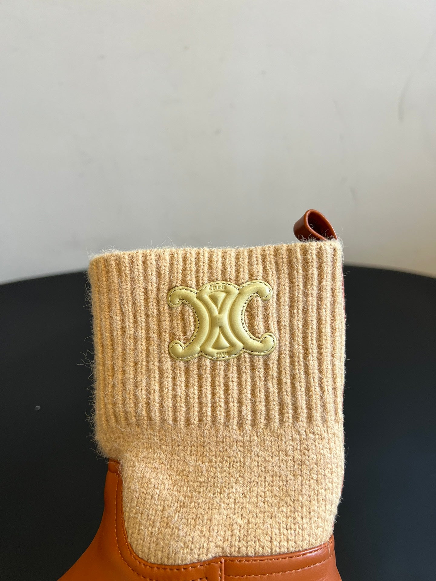 CELINE 26S ANKLE BOOTS 60 MM IN ORANGE BROWN CALFSKIN AND BEIGE WOOL