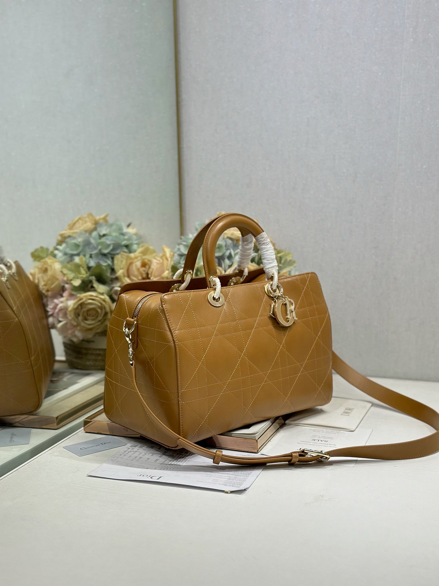 DIOR 26S CANNAGE GRANVILLE BAG 34 IN LIGHT BROWN CALFSKIN