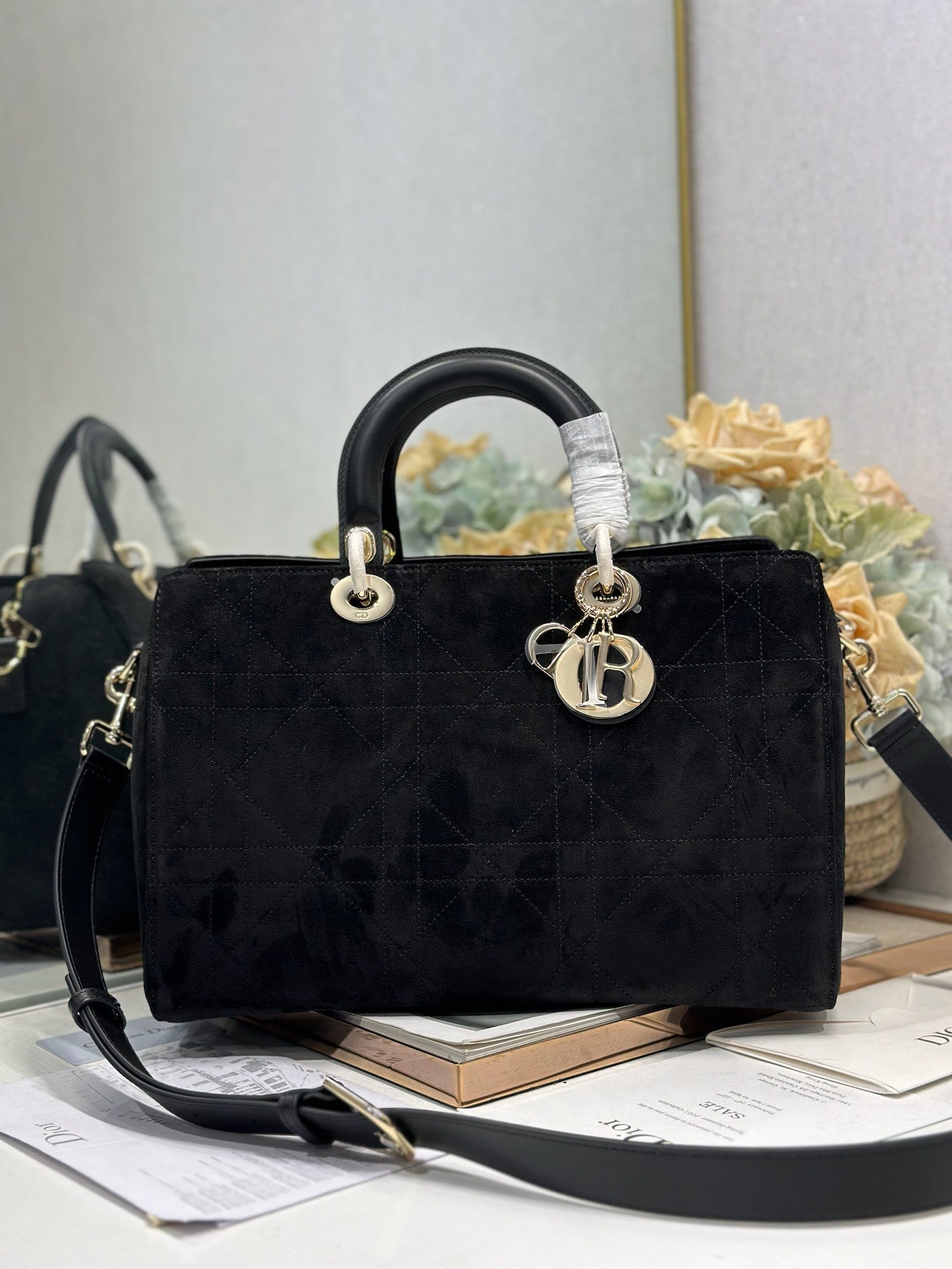 DIOR 26S CANNAGE GRANVILLE BAG 34 IN BLACK SUEDE