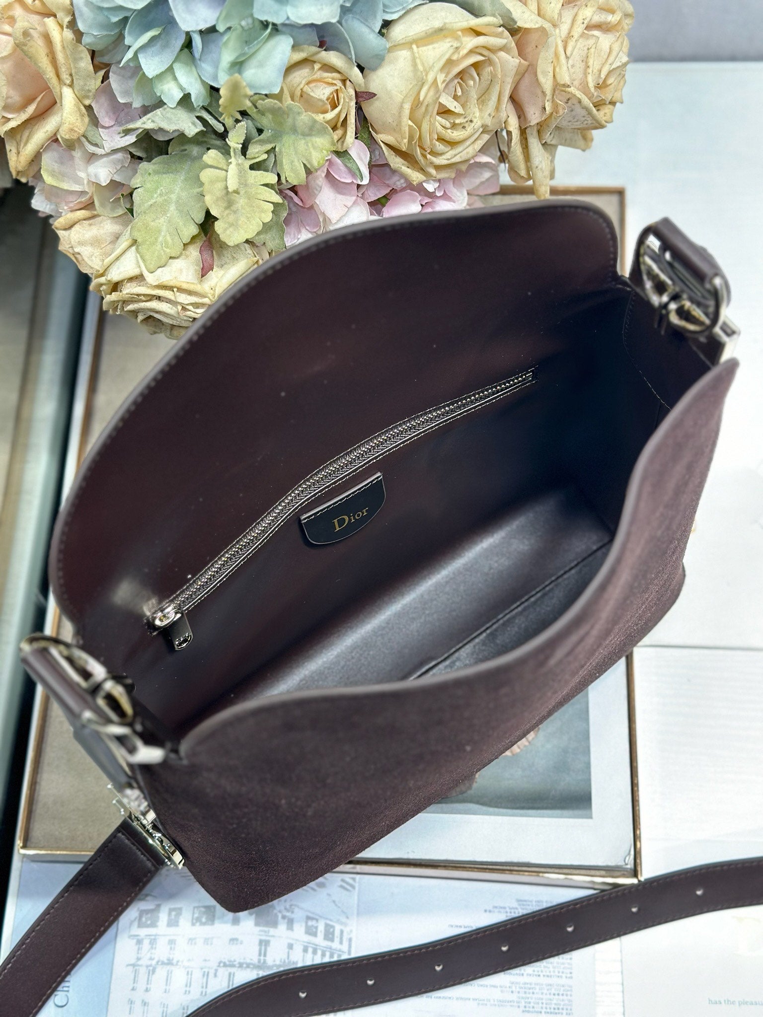 DIOR 26S DIORLY BAG 28 IN DARK BROWN SUEDE