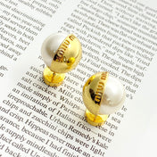 MIUMIU 26S PEARL BALL LOGO STUD EARRINGS IN GOLD TONE METAL 621512