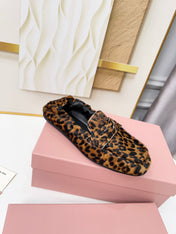 MIUMIU 26S RUCHES LOAFERS IN LEOPARD PRINT PONY HAIR