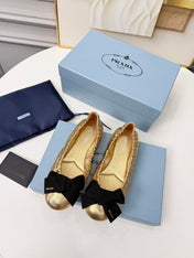 PRADA 26S BALLERINA FLATS IN GOLD CALFSKIN WITH BOW