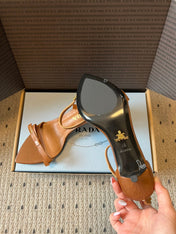 PRADA 26S POINTED-TOE STRAPPY HIGH-HEEL SANDALS 60MM IN CARAMEL BROWN CALFSKIN