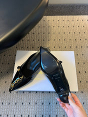BALMAIN 26S GOLD CHAIN HIGH HEEL MULES 45 MM IN BLACK PATENT CALFSKIN