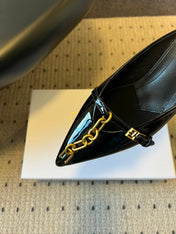 BALMAIN 26S GOLD CHAIN HIGH HEEL MULES 45 MM IN BLACK PATENT CALFSKIN