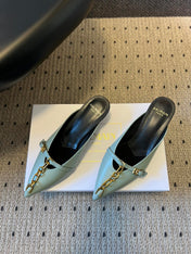 BALMAIN 26S GOLD CHAIN HIGH HEEL MULES 45 MM IN MINT GREEN CALFSKIN