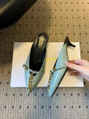 BALMAIN 26S GOLD CHAIN HIGH HEEL MULES 45 MM IN MINT GREEN CALFSKIN